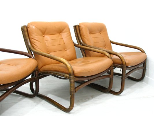 Italian Bamboo, Rattan, and Leather Living Room Set, 1970s, Set of 4-WVA-992797