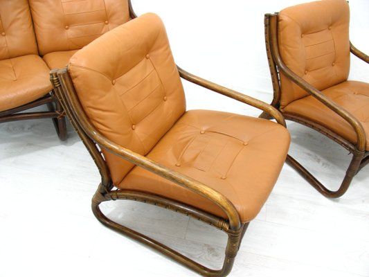 Italian Bamboo, Rattan, and Leather Living Room Set, 1970s, Set of 4-WVA-992797