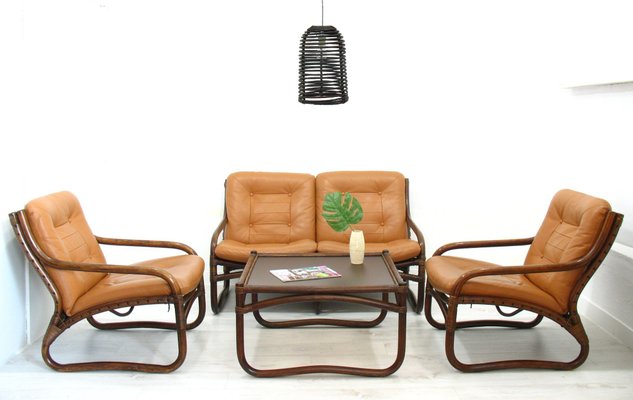 Italian Bamboo, Rattan, and Leather Living Room Set, 1970s, Set of 4-WVA-992797