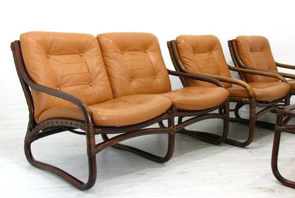 Italian Bamboo, Rattan, and Leather Living Room Set, 1970s, Set of 4-WVA-992797