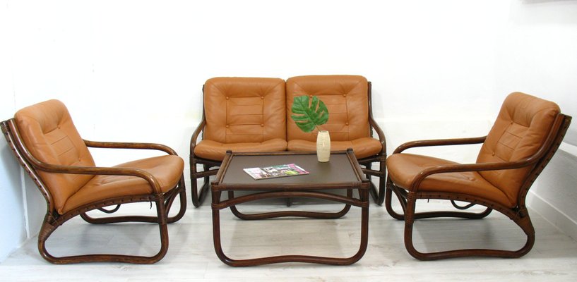 Italian Bamboo, Rattan, and Leather Living Room Set, 1970s, Set of 4-WVA-992797