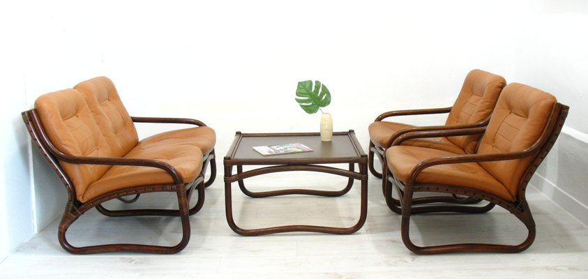 Italian Bamboo, Rattan, and Leather Living Room Set, 1970s, Set of 4-WVA-992797