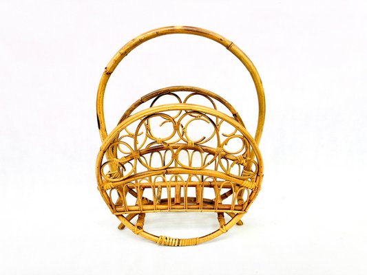 Italian Bamboo & Rattan Round Magazine Rack, 1970s-ZCY-1746380