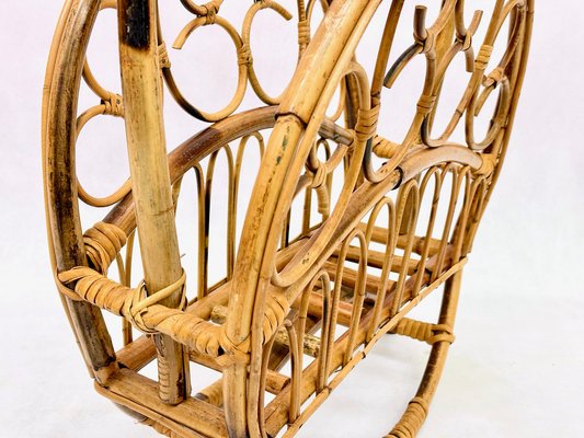 Italian Bamboo & Rattan Round Magazine Rack, 1970s-ZCY-1746380