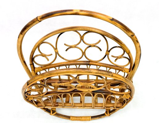 Italian Bamboo & Rattan Round Magazine Rack, 1970s-ZCY-1746380