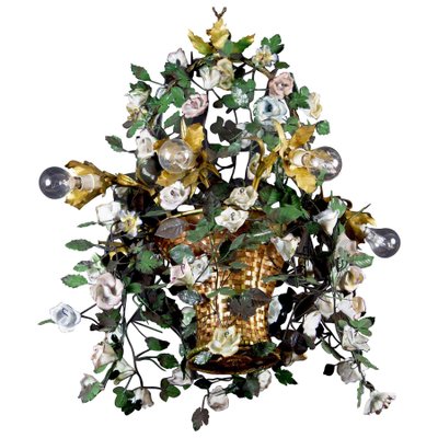 Italian Basket Chandelier with Colorful Porcelain Flowers, 1940s-MBH-1032575