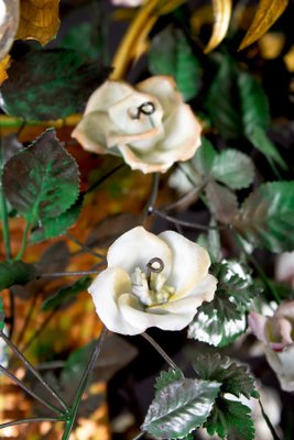 Italian Basket Chandelier with Colorful Porcelain Flowers, 1940s-MBH-1032575