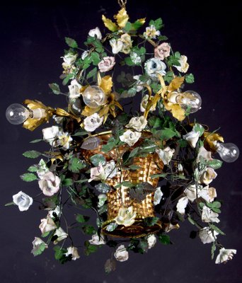 Italian Basket Chandelier with Colorful Porcelain Flowers, 1940s-MBH-1032575