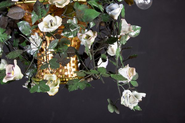 Italian Basket Chandelier with Colorful Porcelain Flowers, 1940s-MBH-1032575