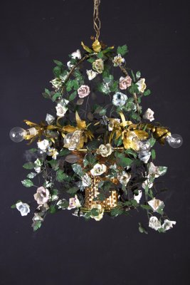 Italian Basket Chandelier with Colorful Porcelain Flowers, 1940s-MBH-1032575