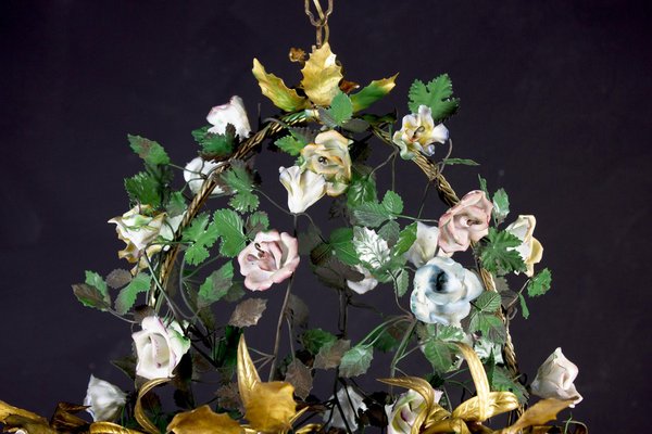 Italian Basket Chandelier with Colorful Porcelain Flowers, 1940s-MBH-1032575