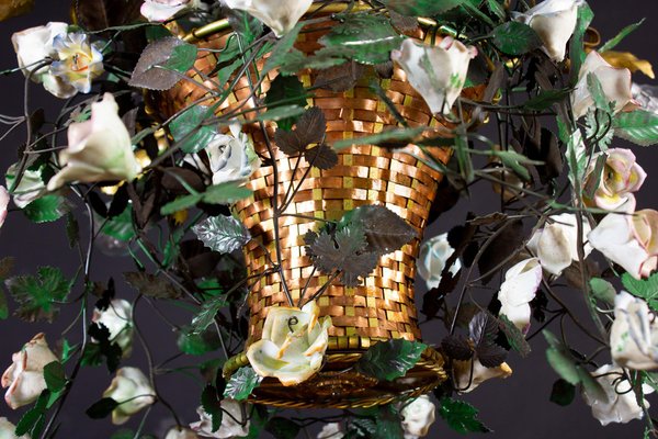 Italian Basket Chandelier with Colorful Porcelain Flowers, 1940s-MBH-1032575