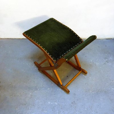 Italian Beech and Green Velvet Traveling Stool, 1950s-GDD-1096885