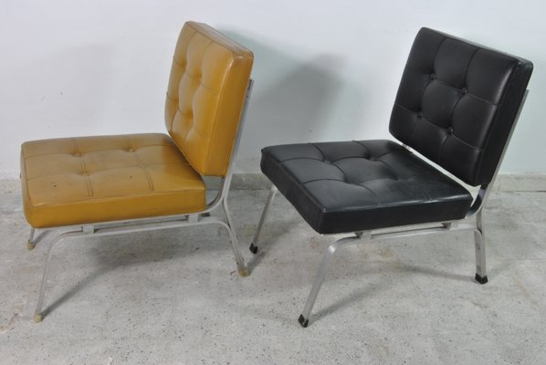 Italian Beige & Black Skai Lounge Chairs with Steel Frame, 1960s, Set of 4-WFB-738765