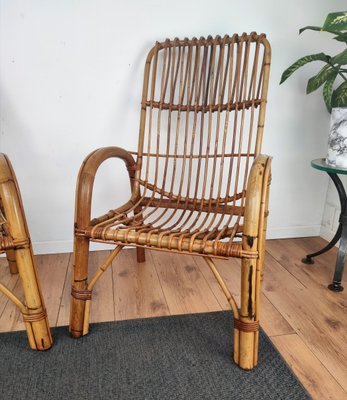 Italian Bent Bamboo Rattan French Lounge Chairs by Franco Albini, 1960s, Set of 2-EUP-1018338