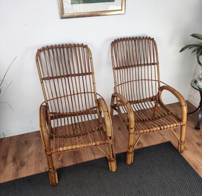 Italian Bent Bamboo Rattan French Lounge Chairs by Franco Albini, 1960s, Set of 2-EUP-1018338