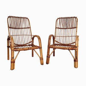 Italian Bent Bamboo Rattan French Lounge Chairs by Franco Albini, 1960s, Set of 2-EUP-1018338