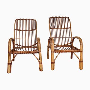 Italian Bent Bamboo Rattan French Riviera Lounge Chairs by Franco Albini, 1960s, Set of 2-EUP-1018334