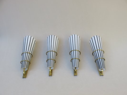 Italian Black and White Striped Enamel Glass and Brass Sconces, 1950s, Set of 4-EY-618636