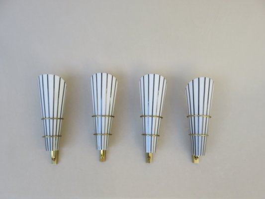 Italian Black and White Striped Enamel Glass and Brass Sconces, 1950s, Set of 4-EY-618636