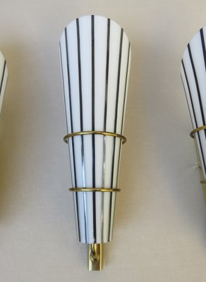 Italian Black and White Striped Enamel Glass and Brass Sconces, 1950s, Set of 4-EY-618636