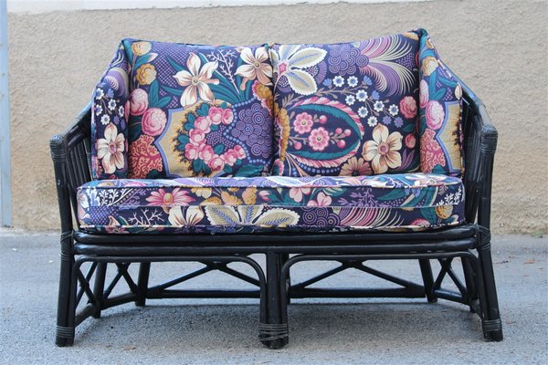 Italian Black Bamboo & Floral Fabric Sofa from Vivai del Sud, 1970s-EH-695624