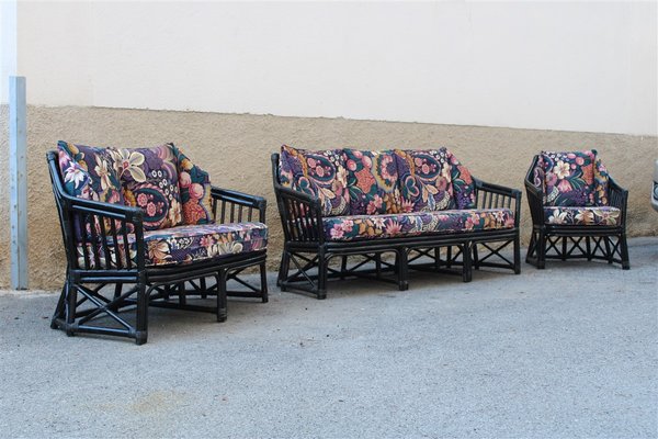 Italian Black Bamboo & Floral Fabric Sofa from Vivai del Sud, 1970s-EH-695623