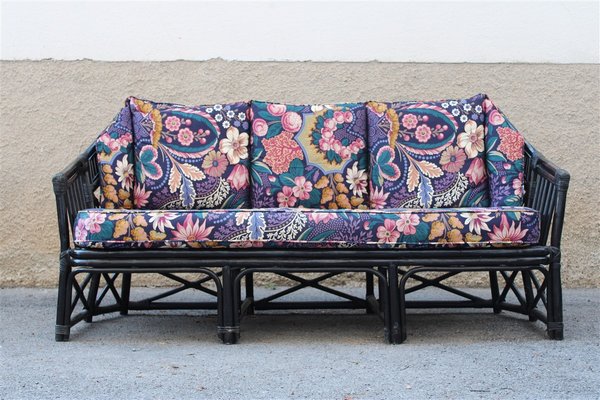 Italian Black Bamboo & Floral Fabric Sofa from Vivai del Sud, 1970s-EH-695623