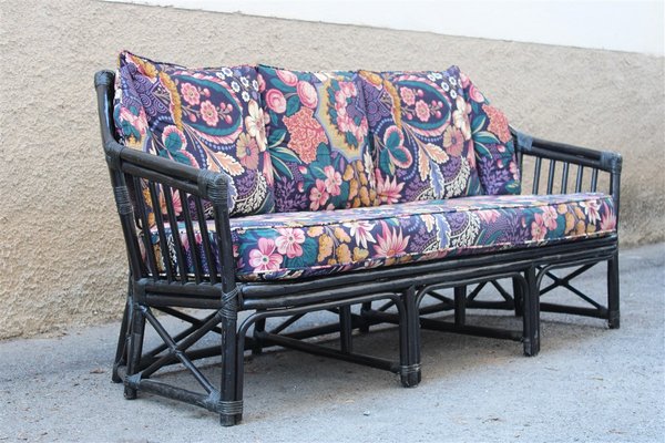 Italian Black Bamboo & Floral Fabric Sofa from Vivai del Sud, 1970s-EH-695623