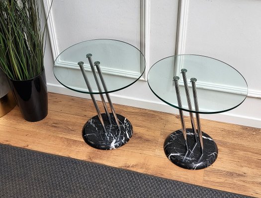 Italian Black Marble & Metal Side Tables or Nightstands with Glass Tops, 1990s, Set of 2-EUP-1405813