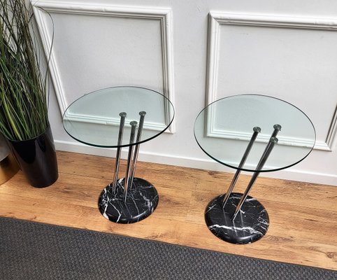 Italian Black Marble & Metal Side Tables or Nightstands with Glass Tops, 1990s, Set of 2-EUP-1405813