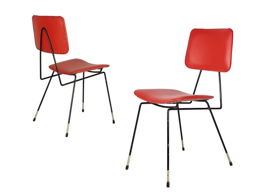 Italian Black Metal & Red Skai Side Chairs, 1950s, Set of 2-RD-1820206