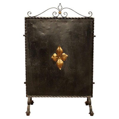 Italian Black Wrought Iron and Parcel-Gilt Freestanding Fireplace Screen-AXE-1433372