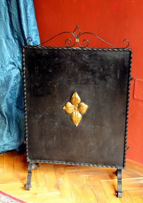 Italian Black Wrought Iron and Parcel-Gilt Freestanding Fireplace Screen-AXE-1433372