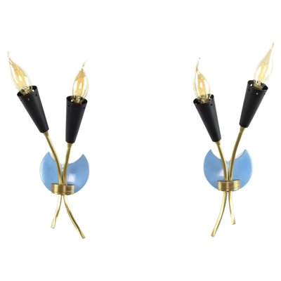 Italian Blue Brass Sconces, 1950s, Set of 2-GXL-1725826