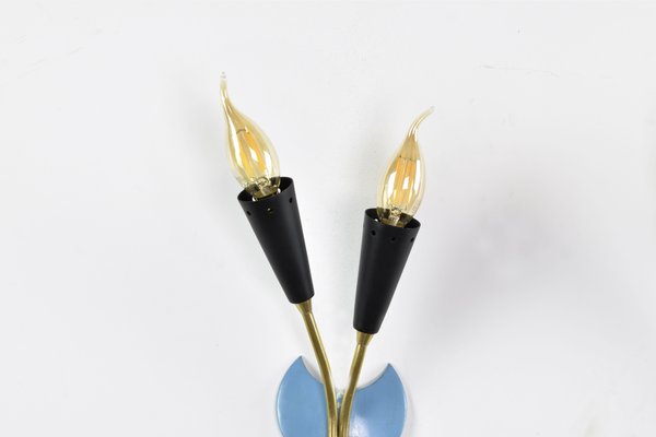 Italian Blue Brass Sconces, 1950s, Set of 2-GXL-1725826