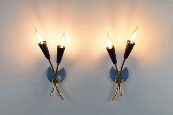 Italian Blue Brass Sconces, 1950s, Set of 2-GXL-1725826