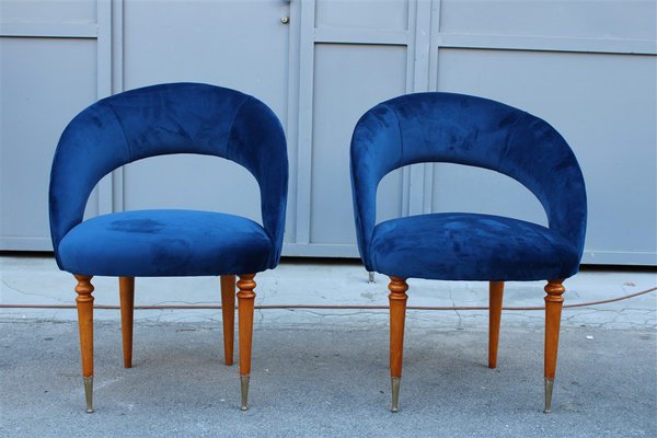 Italian Blue Cobalt Velvet, Maple & Brass Bedroom Chairs, 1950s, Set of 2-EH-1188157