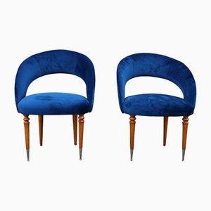 Italian Blue Cobalt Velvet, Maple & Brass Bedroom Chairs, 1950s, Set of 2-EH-1188157