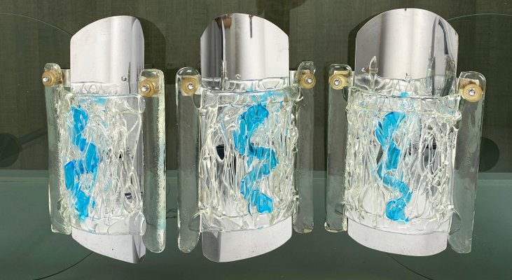 Italian Blue Murano Glass Wall Lamps from Mazzega, 1970s, Set of 3-LYQ-1171673