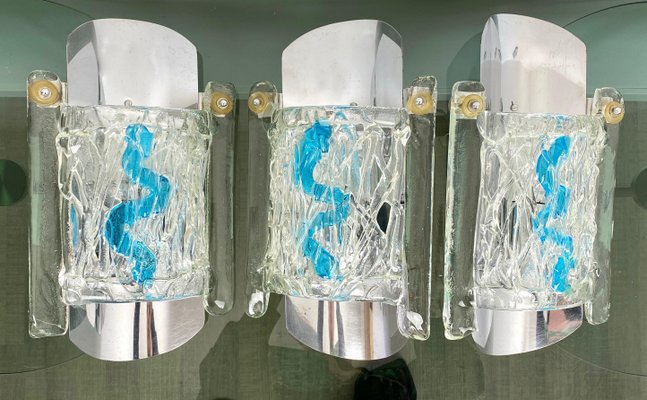 Italian Blue Murano Glass Wall Lamps from Mazzega, 1970s, Set of 3-LYQ-1171673