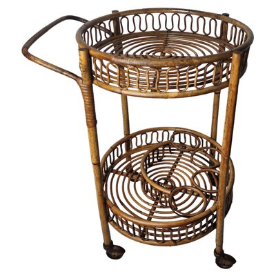 Italian Bohemian Bamboo Rattan Round Serving Bar Cart by Franco Albini, 1960s-EUP-1092720