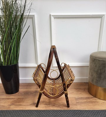 Italian Bohemian French Riviera Bamboo and Rattan Magazine Rack, 1960s-EUP-1342900