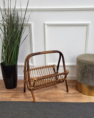 Italian Bohemian French Riviera Bamboo and Rattan Magazine Rack, 1960s-EUP-1342900