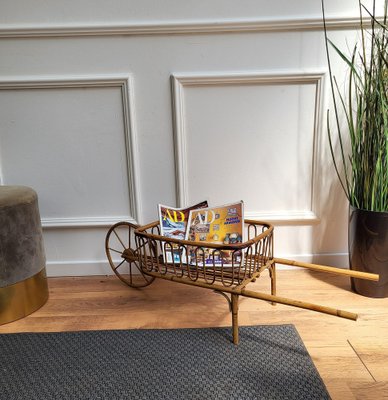 Italian Bohemian French Riviera Magazine Wheelbarrow in Bamboo and Rattan, 1960s-EUP-1329667