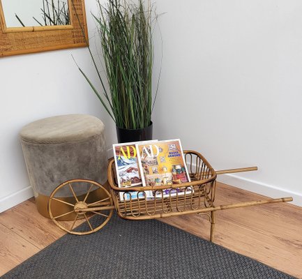 Italian Bohemian French Riviera Magazine Wheelbarrow in Bamboo and Rattan, 1960s-EUP-1329667