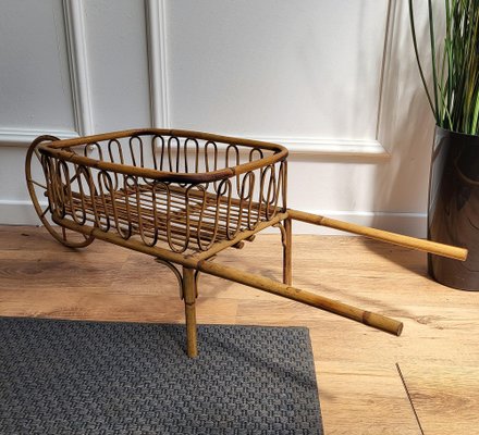 Italian Bohemian French Riviera Magazine Wheelbarrow in Bamboo and Rattan, 1960s-EUP-1329667