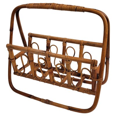 Italian Bohemian French Riviera Style Bamboo & Rattan Magazine Stand, 1960s-EUP-1325431