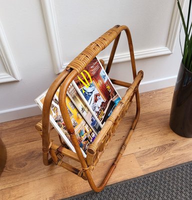 Italian Bohemian French Riviera Style Bamboo & Rattan Magazine Stand, 1960s-EUP-1325431