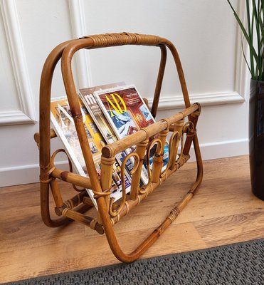 Italian Bohemian French Riviera Style Bamboo & Rattan Magazine Stand, 1960s-EUP-1325431